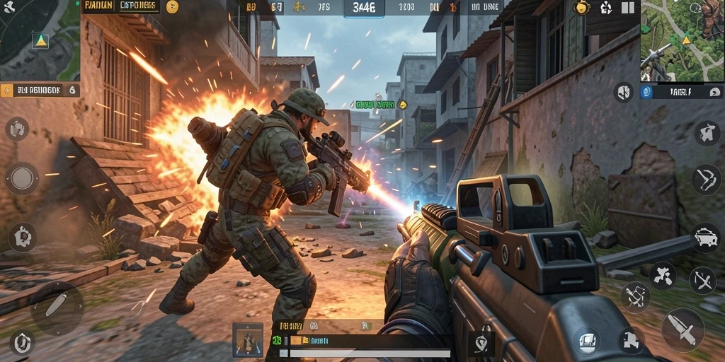 Tangkapan layar yang menunjukkan suasana pertempuran intens di game FPS.
