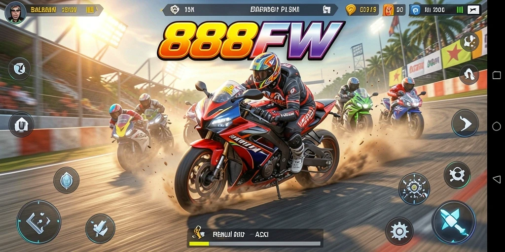 Tampilan gameplay 888FW dengan balapan motor yang mendebarkan.