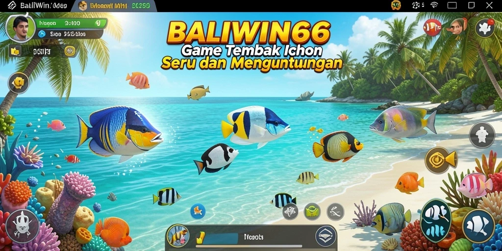 Screenshot menunjukkan pemain sedang menembak ikan di laut yang indah.