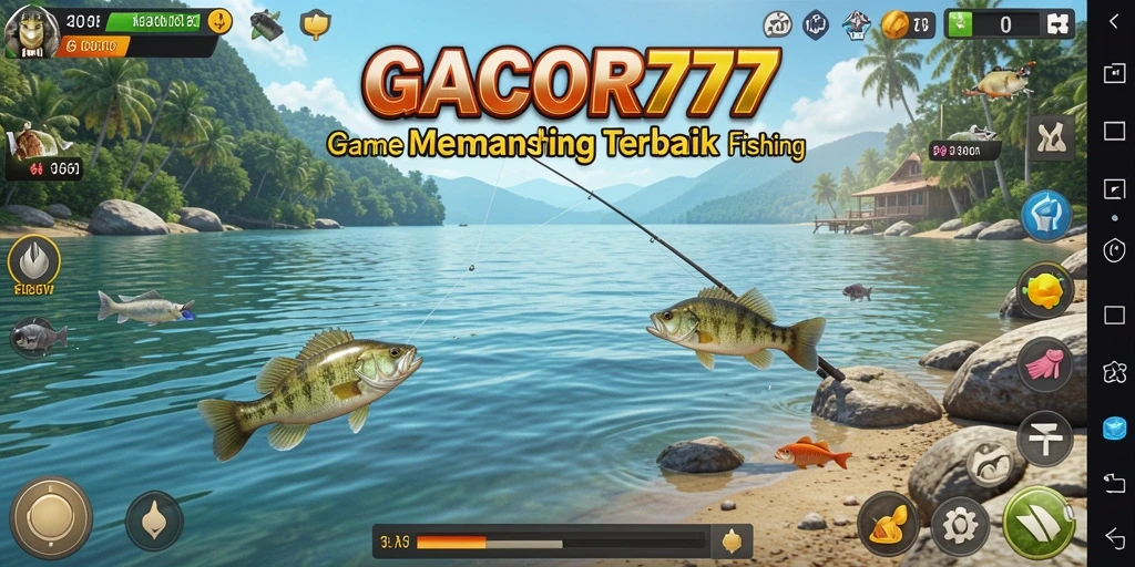 Tampilan gameplay <strong>GACOR777</strong> saat memancing di lokasi indah.
