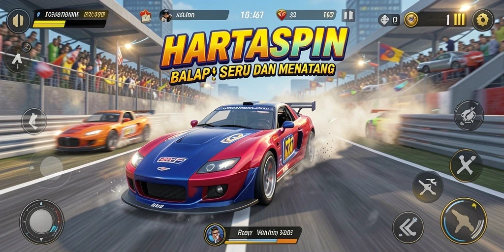 Gameplay HARTASPIN menampilkan mobil balap melaju kencang di lintasan menantang.