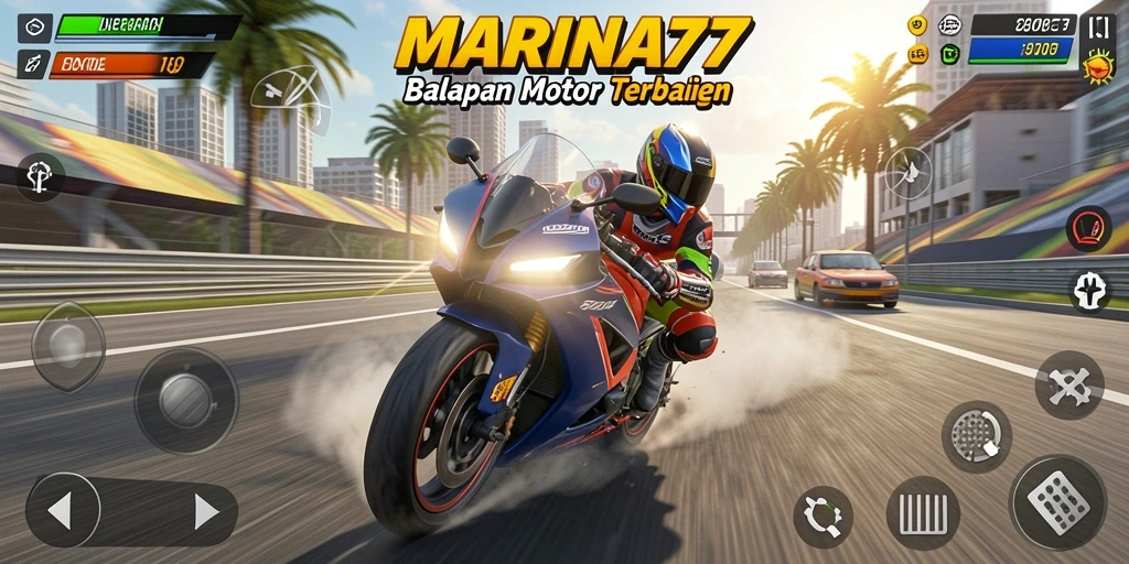 Tampilan gameplay seru dalam <strong>MARINA77</strong> dengan motor kencang dan trek menantang.