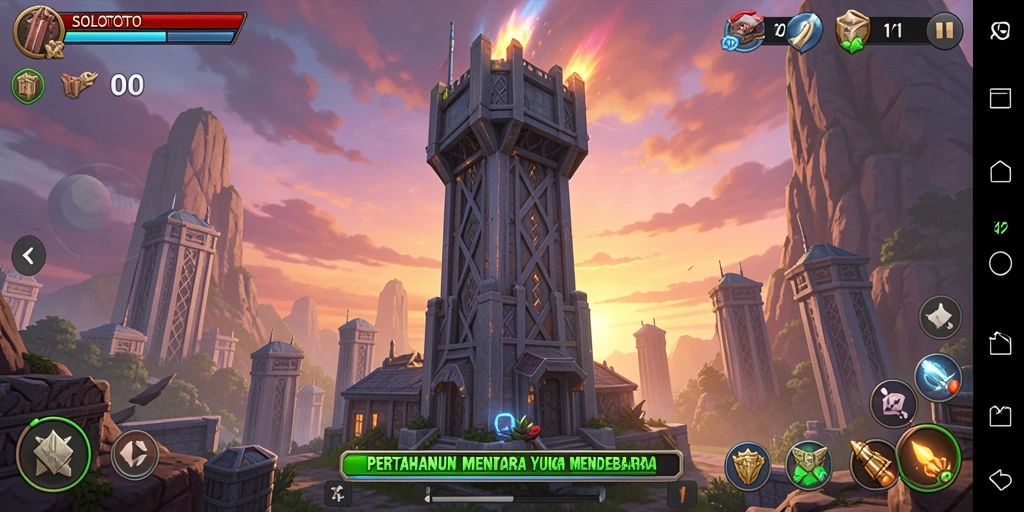 Tampilan menara pertahanan yang strategis dalam permainan Tower Defense.